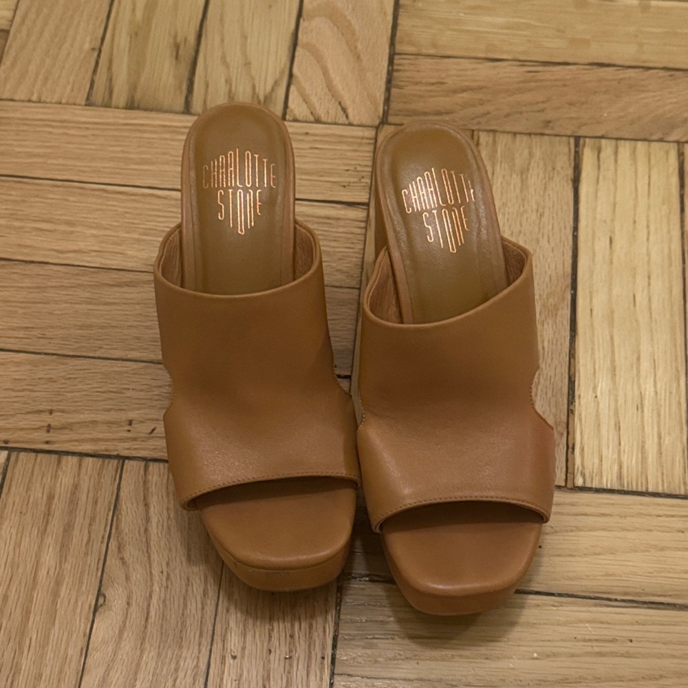 Charlotte Stone "Nina" Open Toe Platform Clogs in Camel